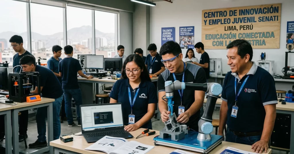 Jóvenes en formación técnica colaborativa con tecnología robótica avanzada, ejemplificando el modelo de educación conectada con la industria para potenciar el empleo juvenil y generar oportunidades reales en el mercado laboral.